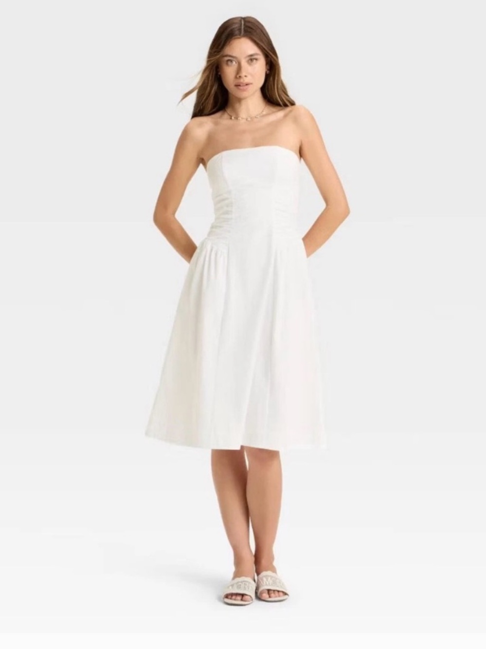 NWOT Wild Fable‎ Women's Ruched Poplin Midi Tube Strapless Dress SZ M White